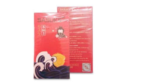 Bao cao su siêu mỏng chống xuất tinh sớm Sasuke 5 in 1 có giá bán là 130.000 VNĐ/hộp.