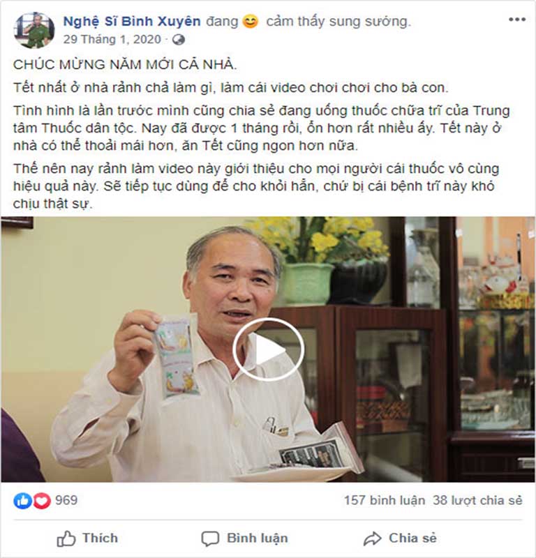 Nghệ sĩ Bình Xuyên chia sẻ kết quả điều trị bệnh trĩ trên trang facebook cá nhân