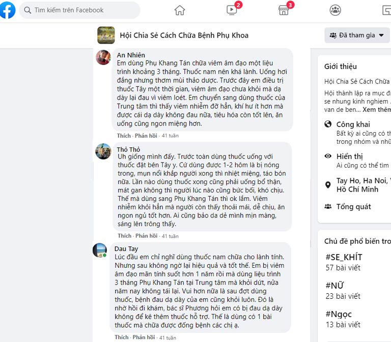 Phản hồi của bệnh nhân viêm âm đạo về Phụ Khang Tán trên Facebook
